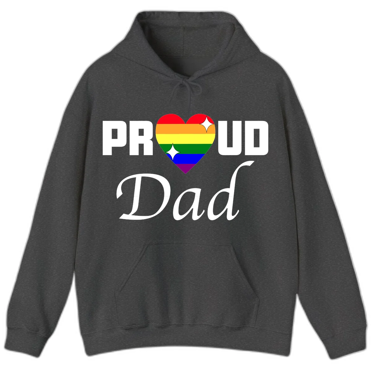 Proud Dad rainbow heart design with vibrant pride flag colors in heart shape and white text in Dark Heather
