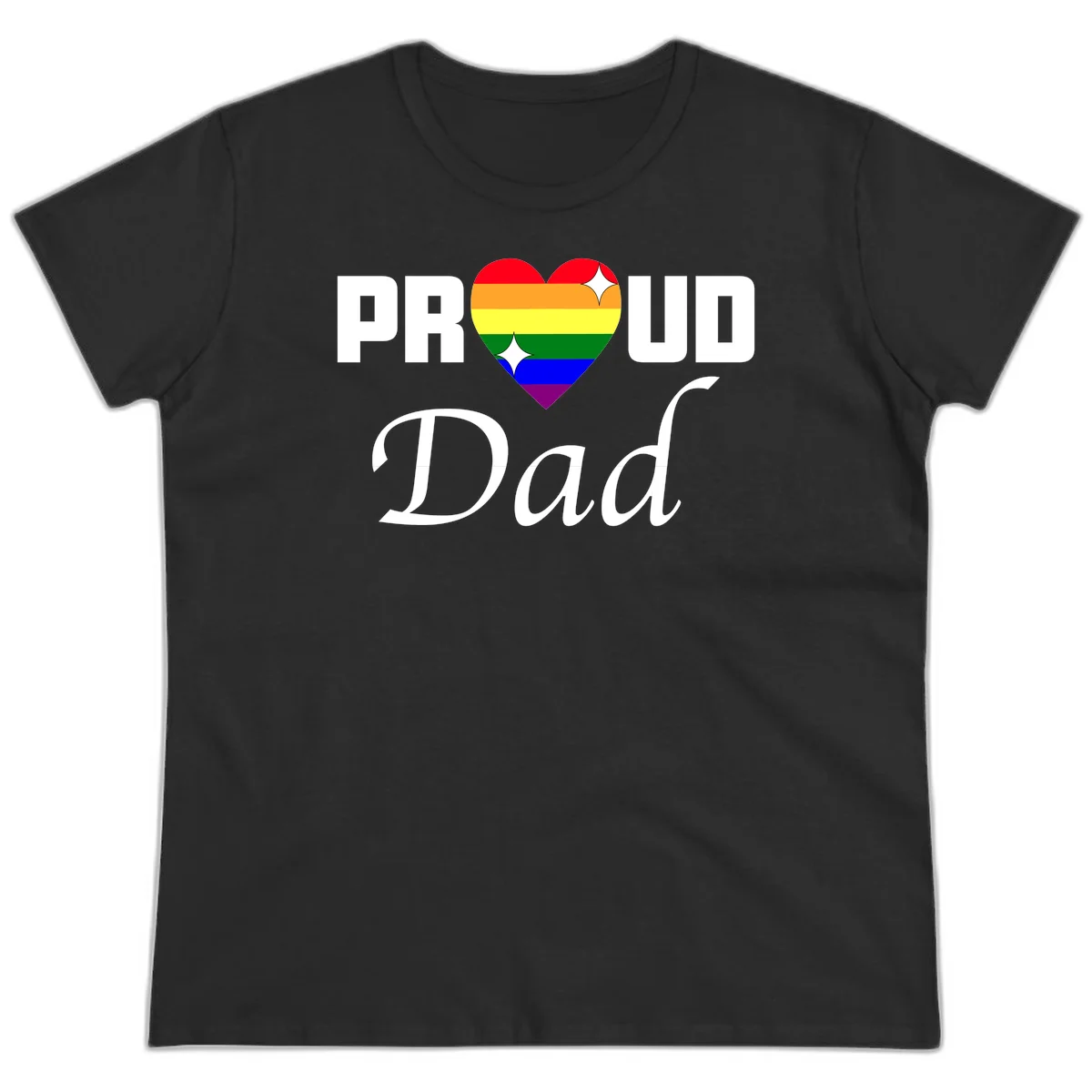 Proud Dad rainbow heart design with vibrant pride flag colors in heart shape and white text in Black