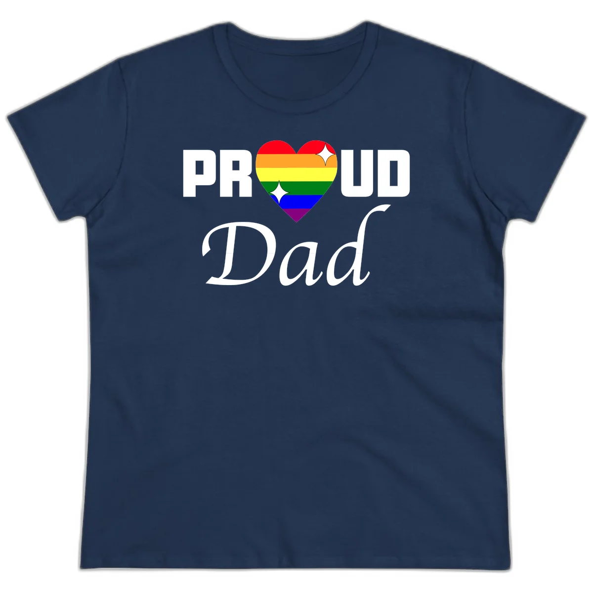 Proud Dad rainbow heart design with vibrant pride flag colors in heart shape and white text in Navy