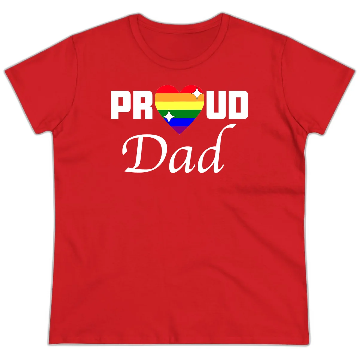 Proud Dad rainbow heart design with vibrant pride flag colors in heart shape and white text in Red
