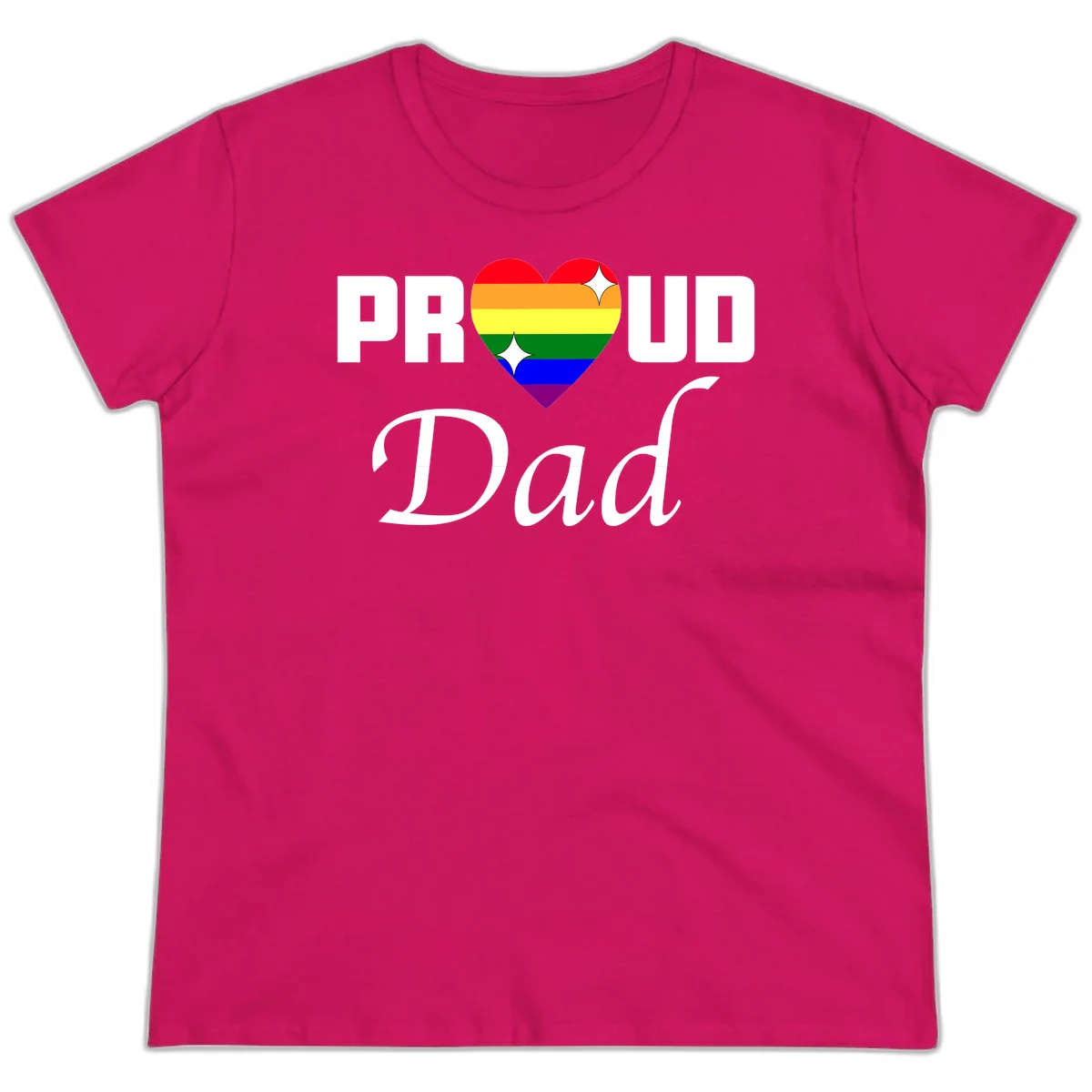 Proud Dad rainbow heart design with vibrant pride flag colors in heart shape and white text in Heliconia