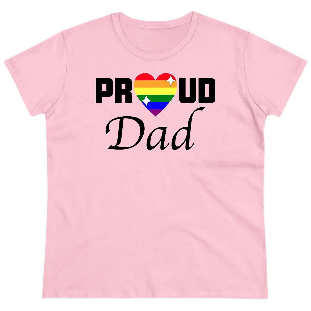 Proud Dad rainbow heart design with vibrant pride flag colors in heart shape and white text in Light Pink