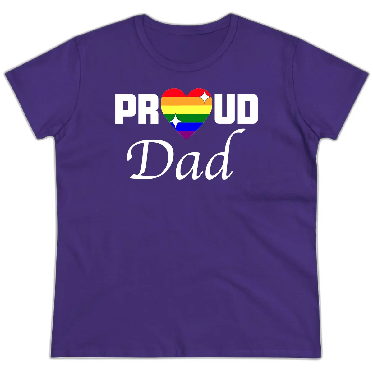 Proud Dad rainbow heart design with vibrant pride flag colors in heart shape and white text in Purple