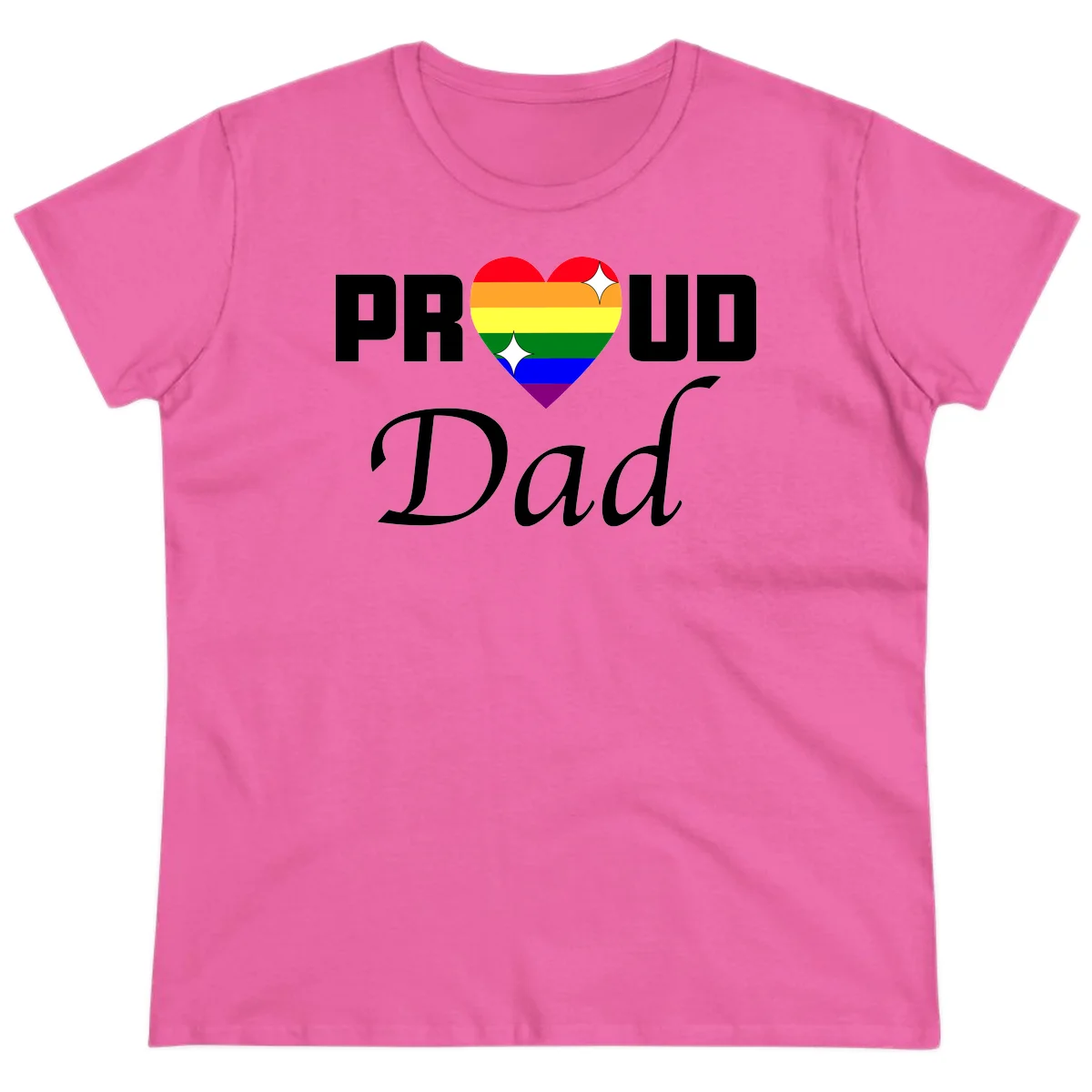 Proud Dad rainbow heart design with vibrant pride flag colors in heart shape and white text in Azalea