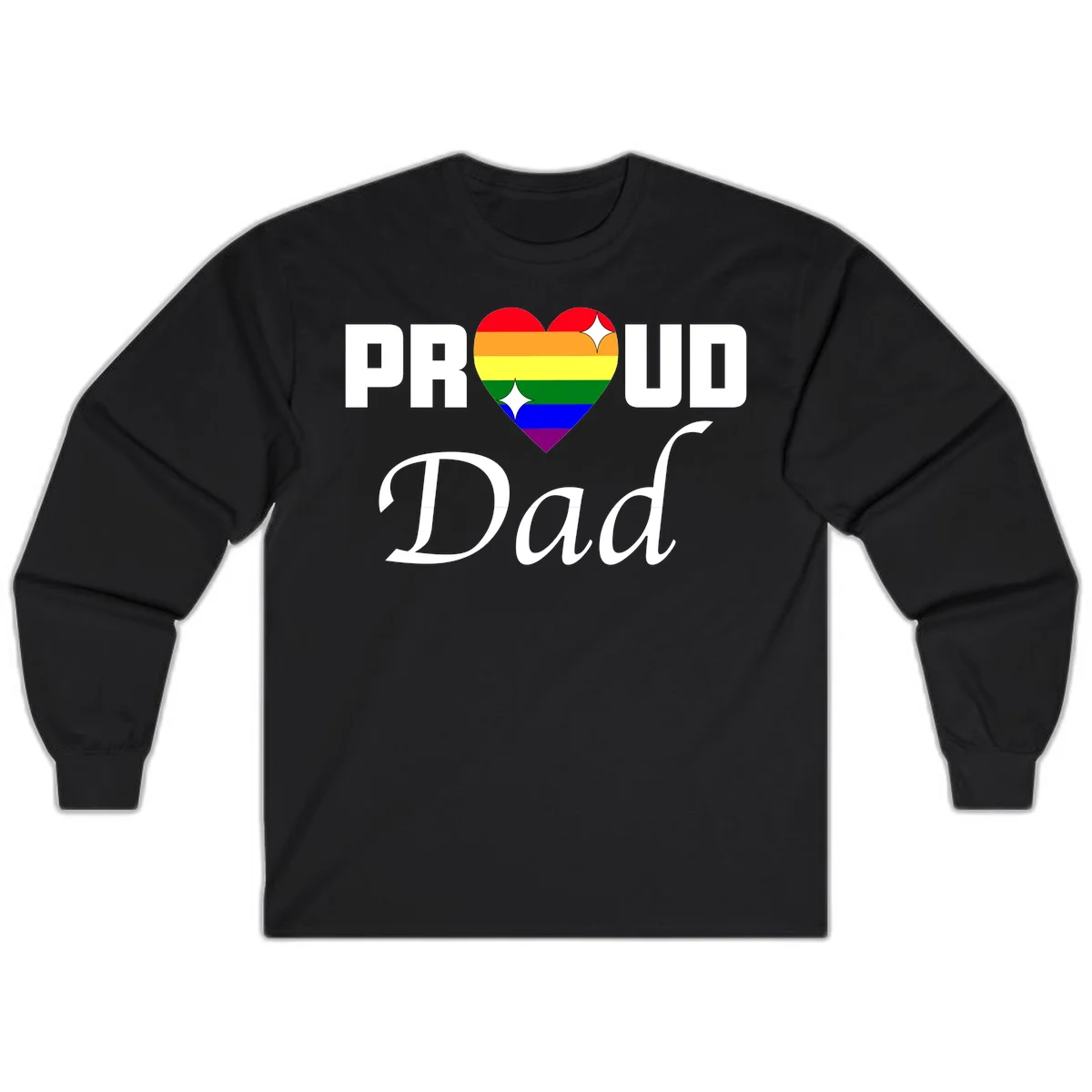 Proud Dad rainbow heart design with vibrant pride flag colors in heart shape and white text in Black