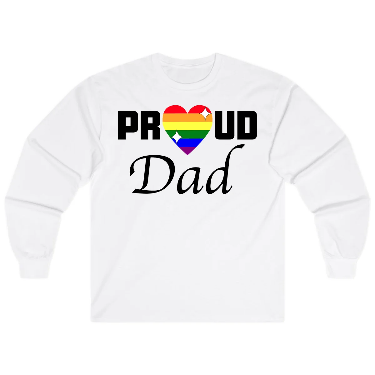 Proud Dad rainbow heart design with vibrant pride flag colors in heart shape and white text in White