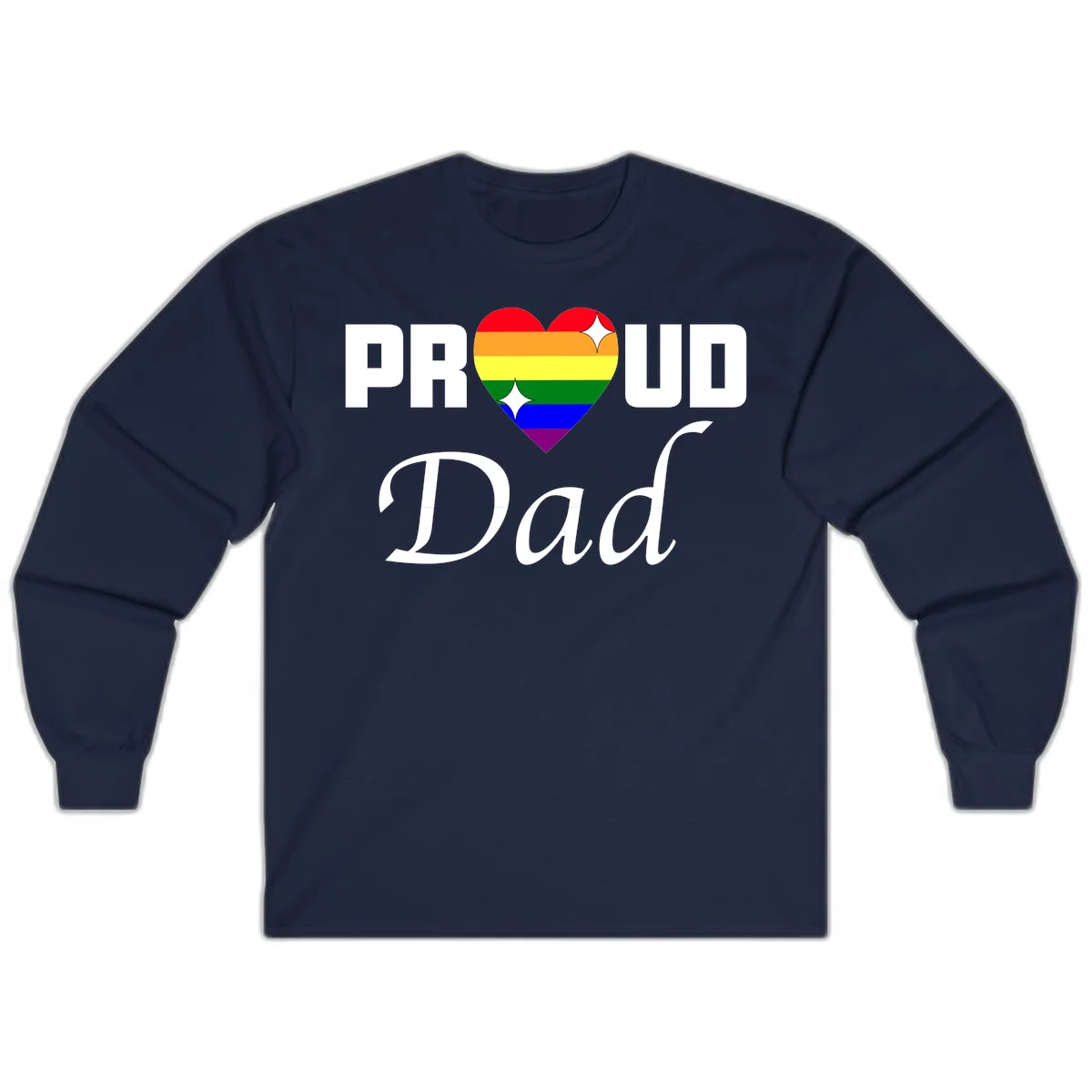 Proud Dad rainbow heart design with vibrant pride flag colors in heart shape and white text in Navy