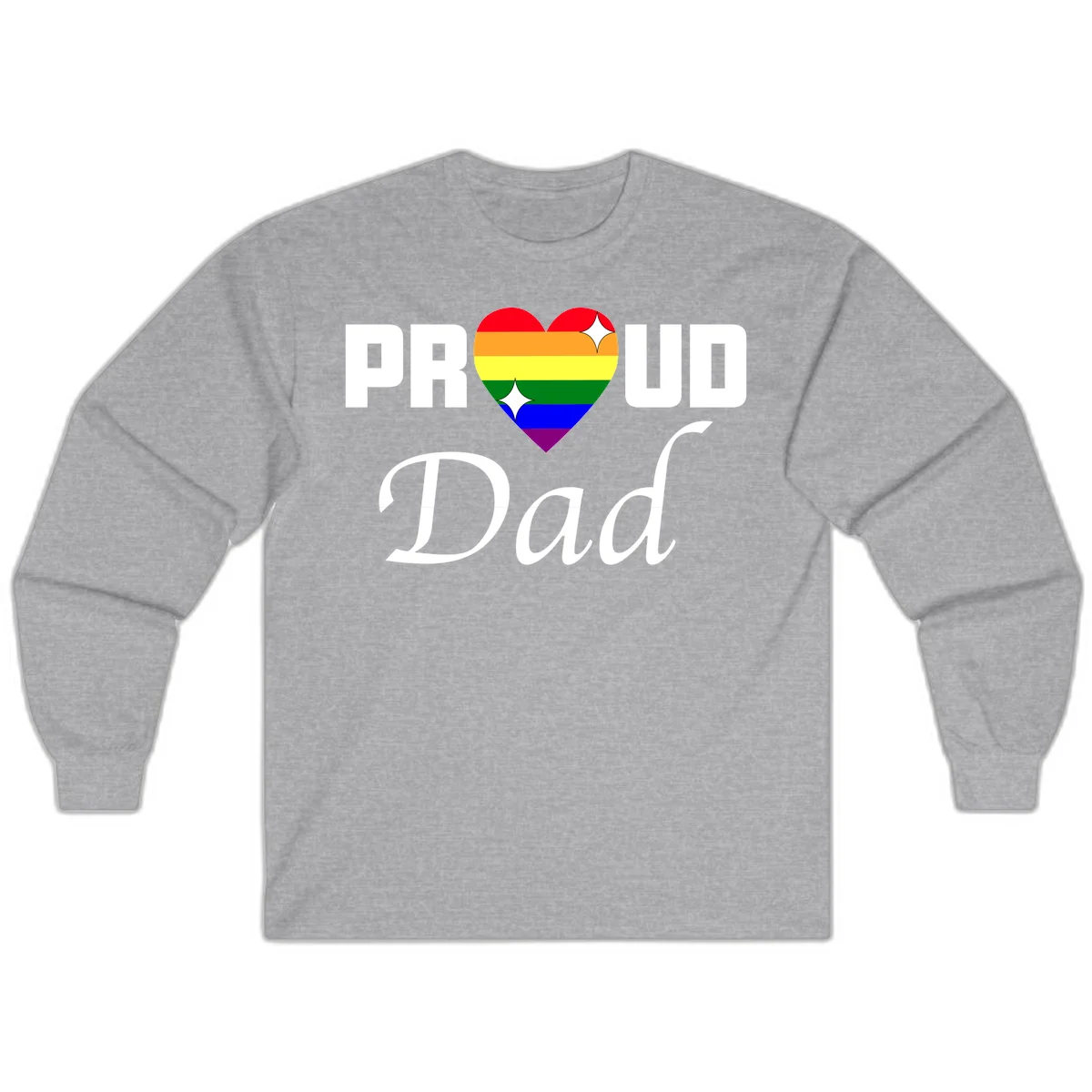 Proud Dad rainbow heart design with vibrant pride flag colors in heart shape and white text in Sport Grey