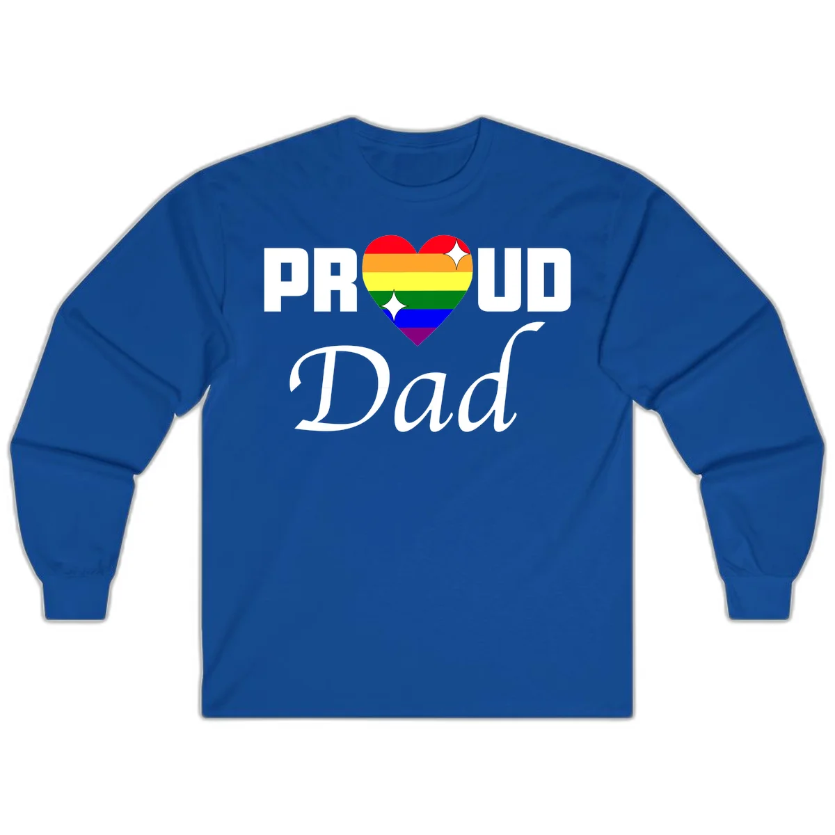 Proud Dad rainbow heart design with vibrant pride flag colors in heart shape and white text in Royal