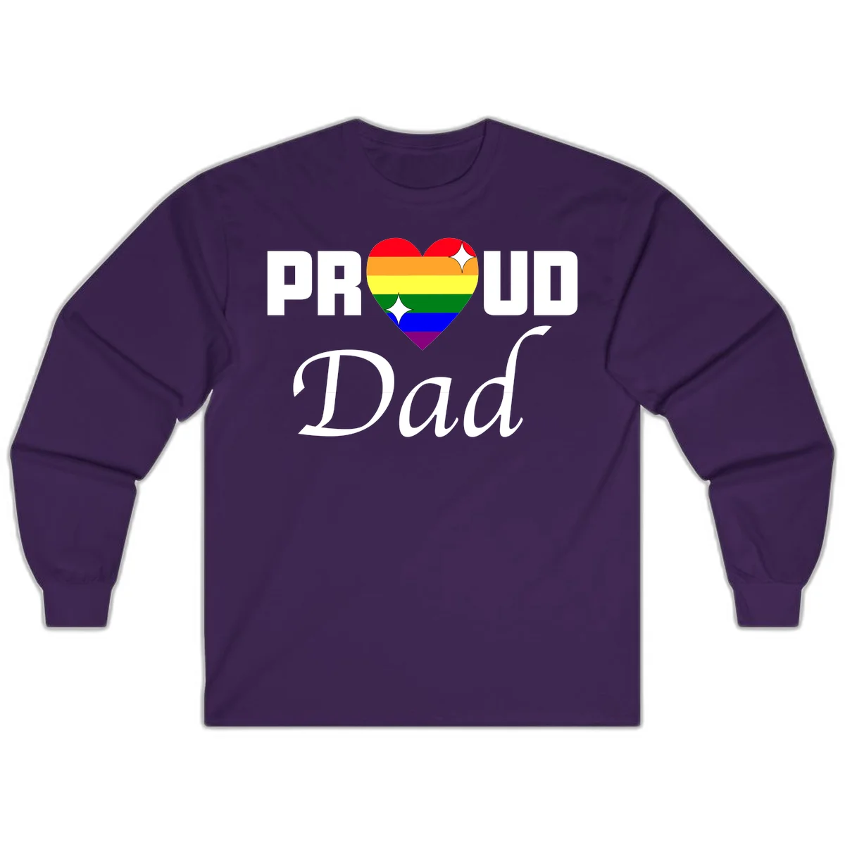 Proud Dad rainbow heart design with vibrant pride flag colors in heart shape and white text in Purple