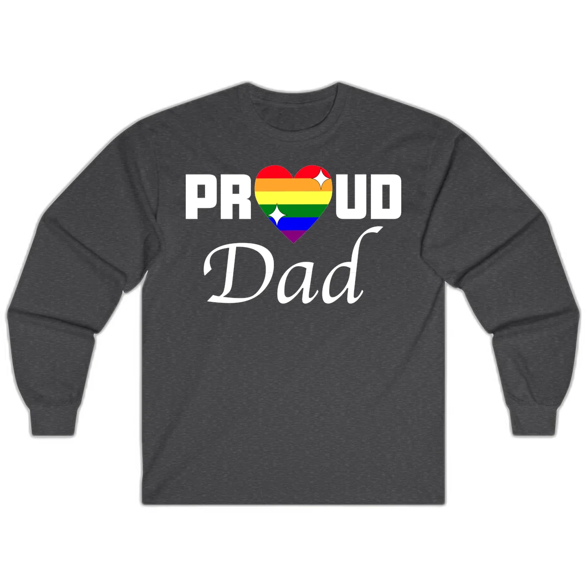 Proud Dad rainbow heart design with vibrant pride flag colors in heart shape and white text in Dark Heather
