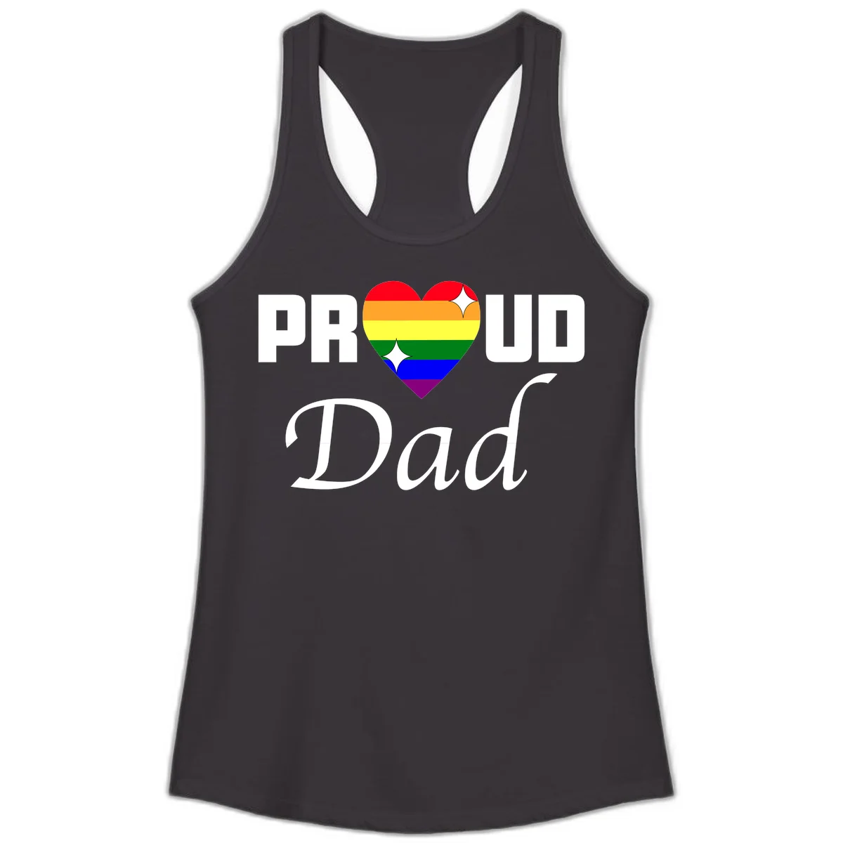 Proud Dad rainbow heart design with vibrant pride flag colors in heart shape and white text in Black