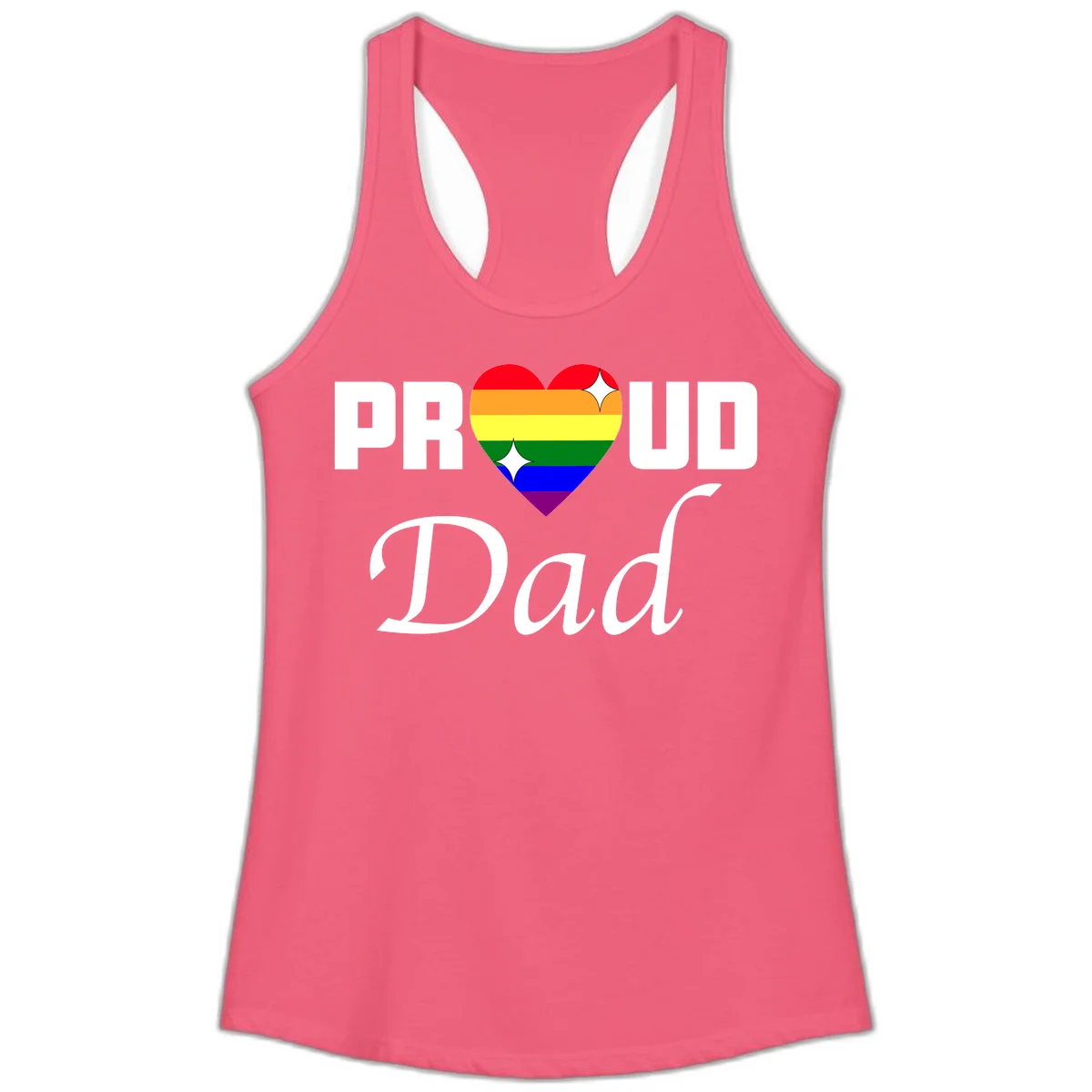 Proud Dad rainbow heart design with vibrant pride flag colors in heart shape and white text in Hot Pink