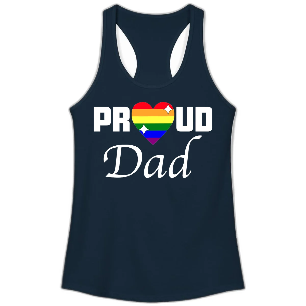 Proud Dad rainbow heart design with vibrant pride flag colors in heart shape and white text in Solid Midnight Navy