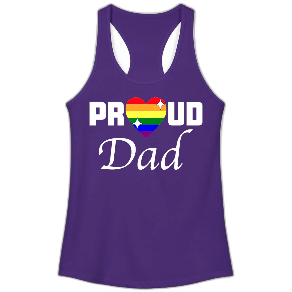 Proud Dad rainbow heart design with vibrant pride flag colors in heart shape and white text in Solid Purple Rush