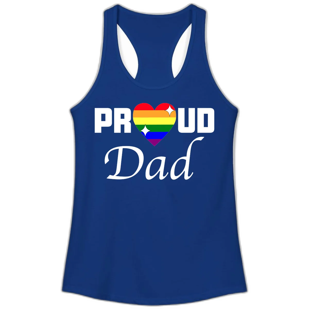 Proud Dad rainbow heart design with vibrant pride flag colors in heart shape and white text in Solid Royal