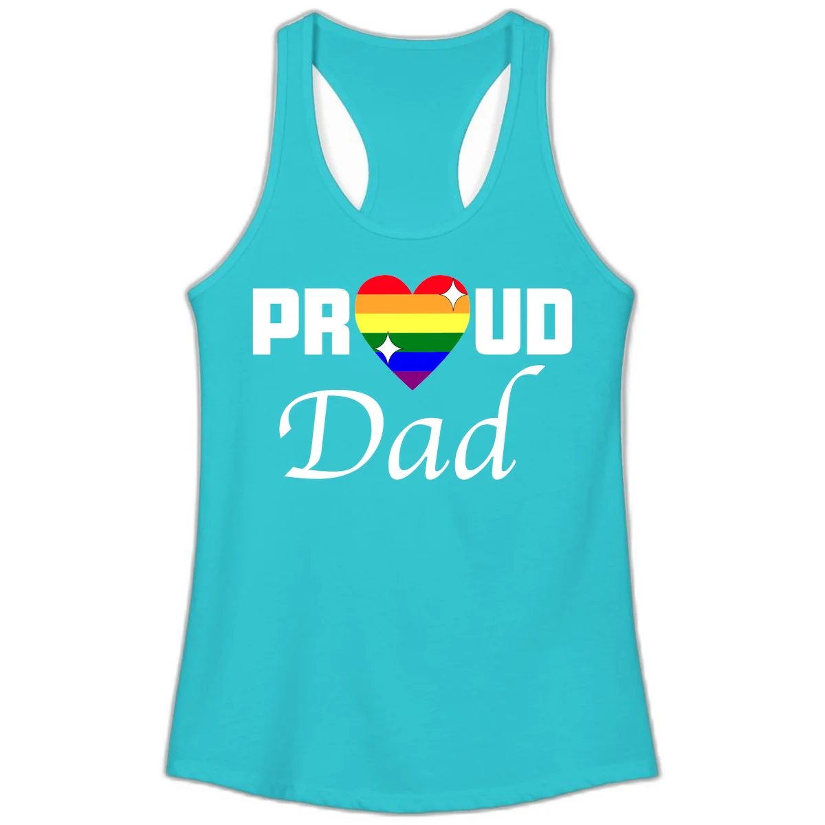 Proud Dad rainbow heart design with vibrant pride flag colors in heart shape and white text in Solid Tahiti Blue