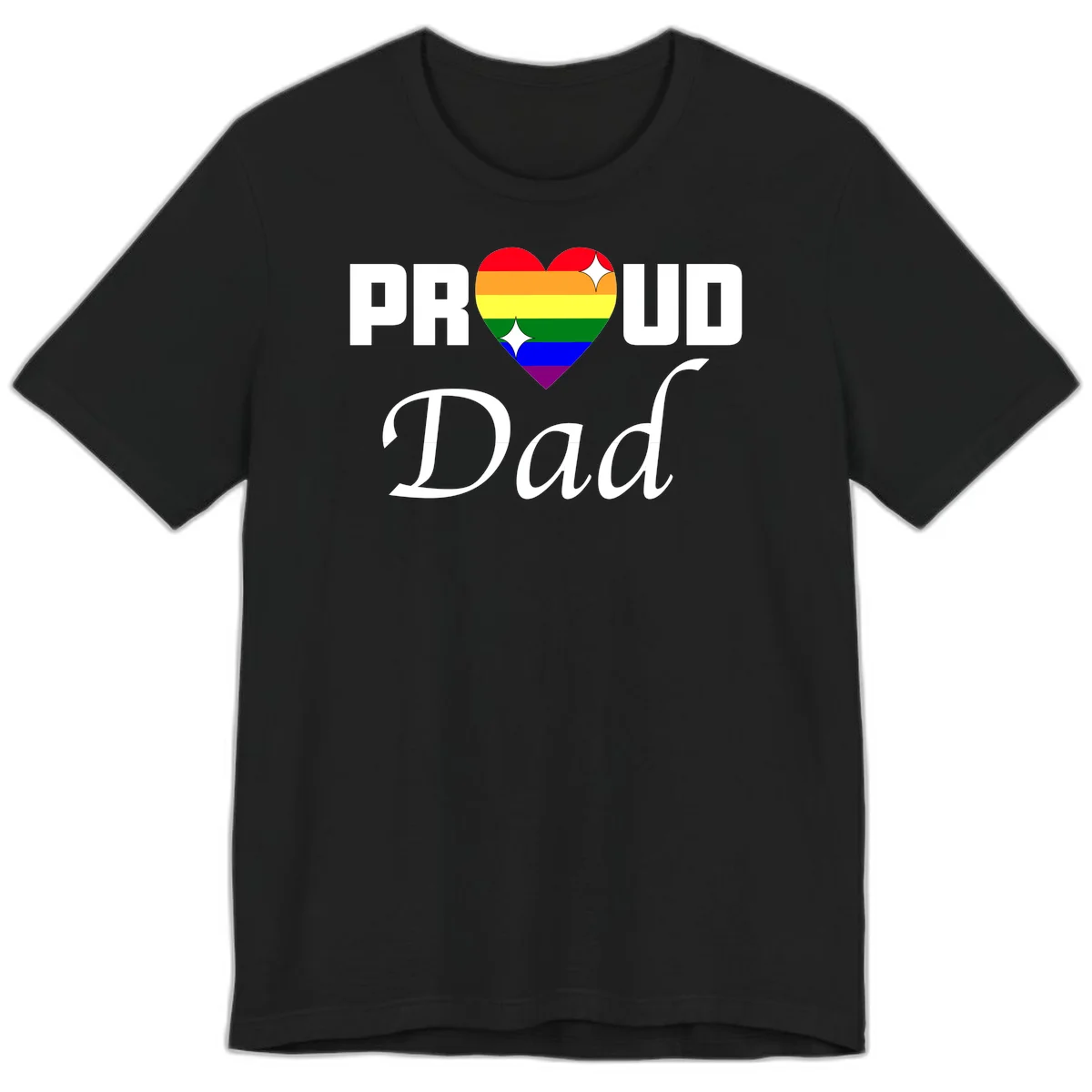 Proud Dad rainbow heart design with vibrant pride flag colors in heart shape and white text in Black