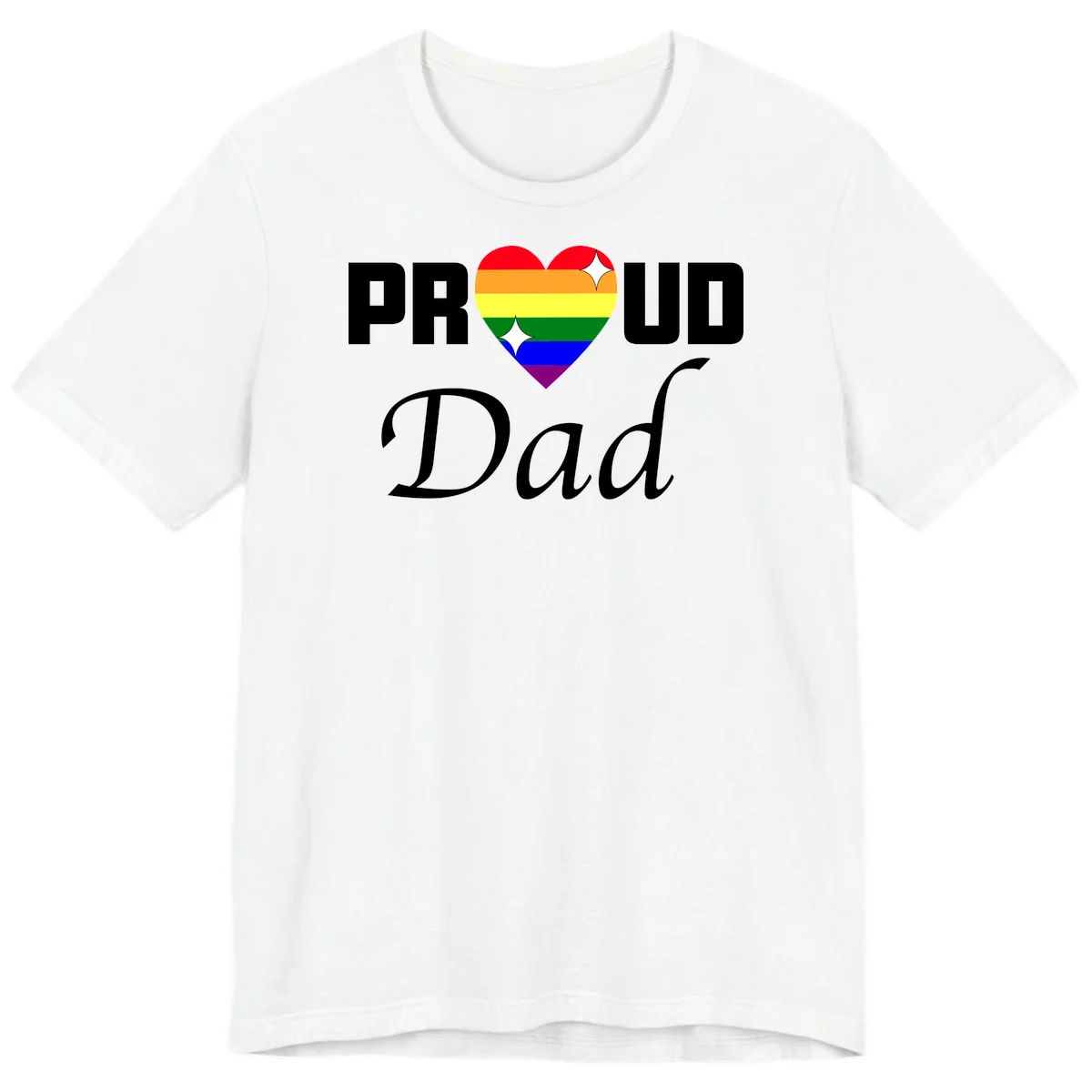 Proud Dad rainbow heart design with vibrant pride flag colors in heart shape and white text in White