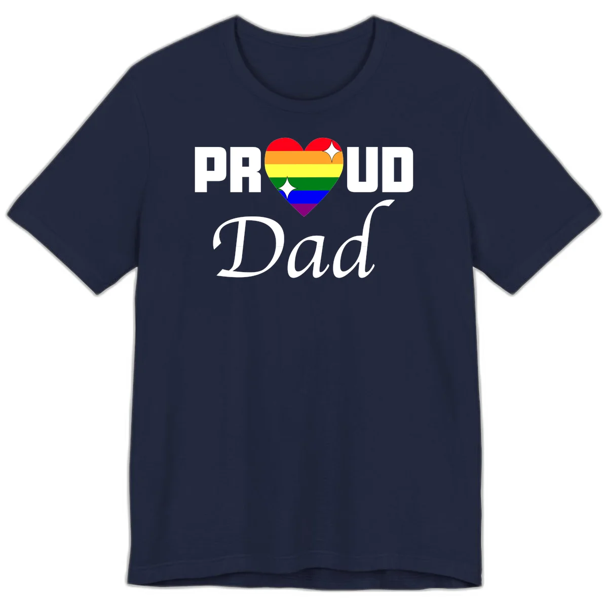 Proud Dad rainbow heart design with vibrant pride flag colors in heart shape and white text in Navy