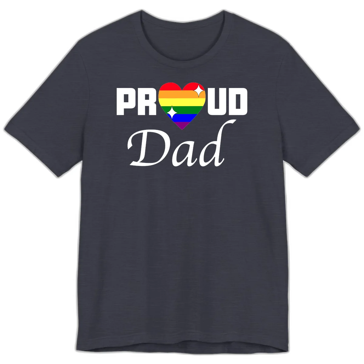 Proud Dad rainbow heart design with vibrant pride flag colors in heart shape and white text in Heather Midnight Navy