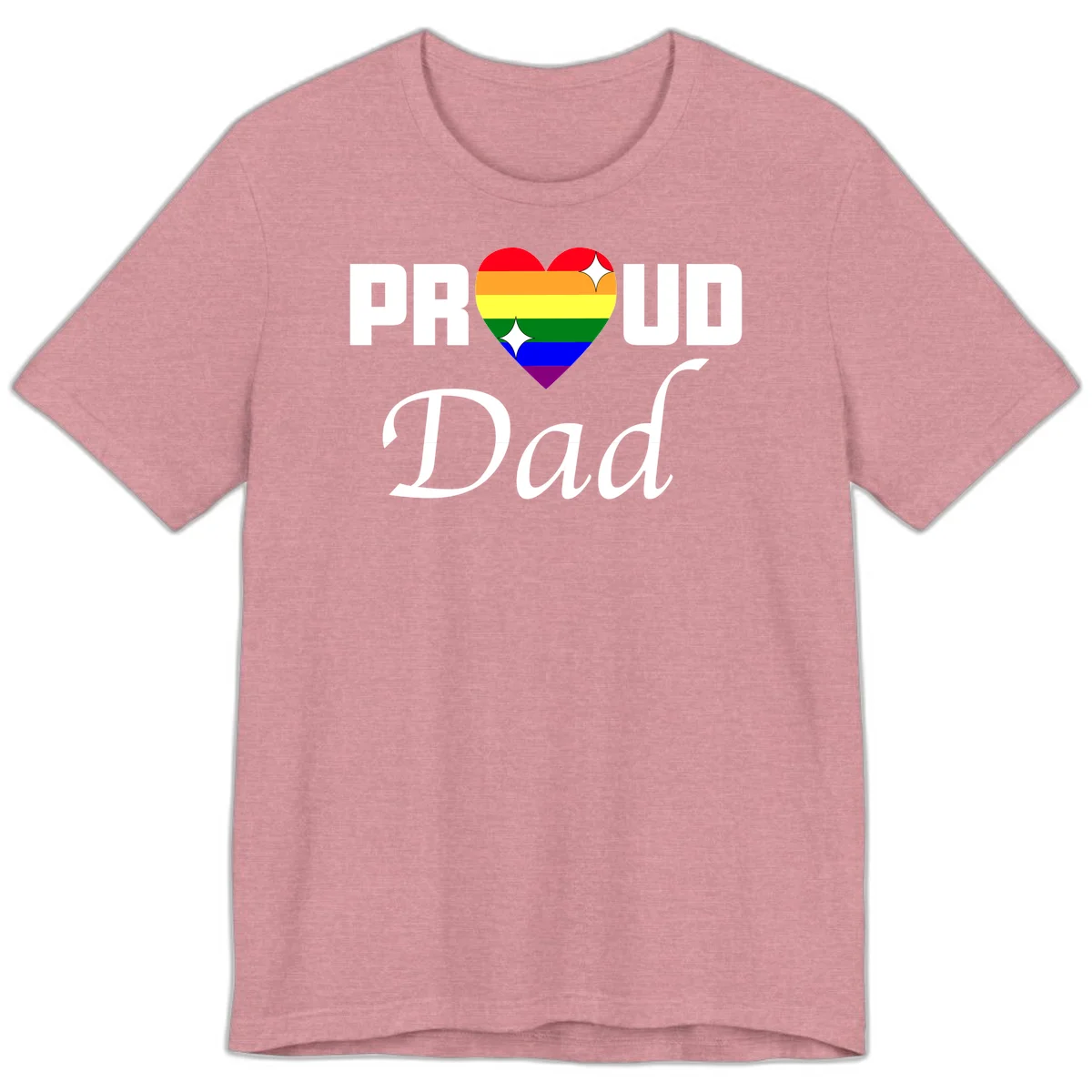 Proud Dad rainbow heart design with vibrant pride flag colors in heart shape and white text in Heather Orchid