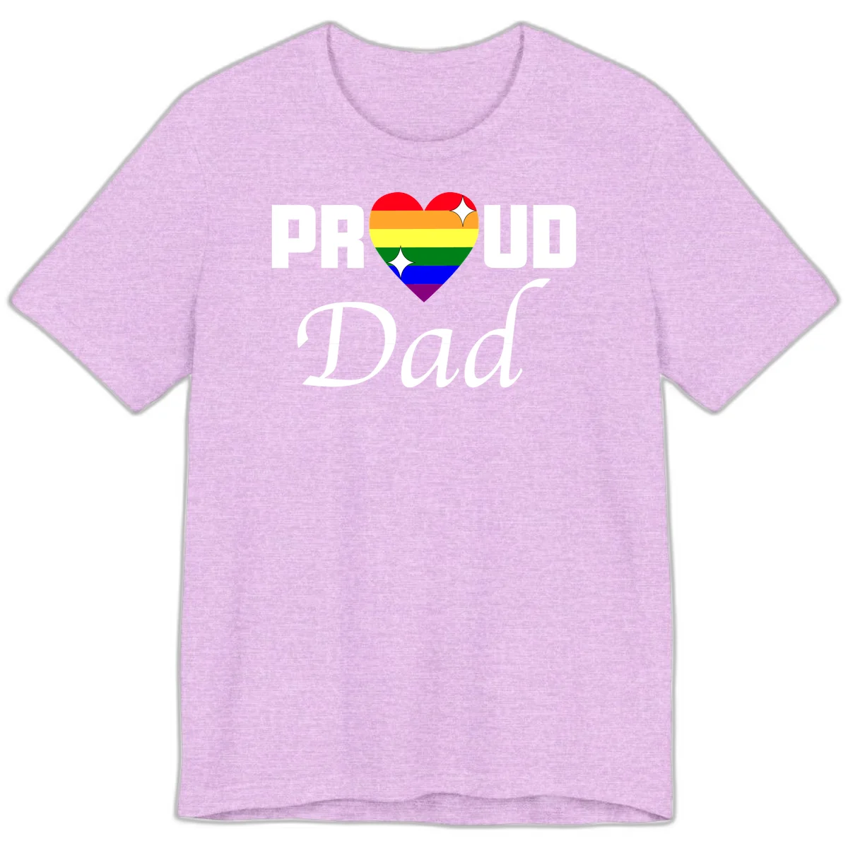 Proud Dad rainbow heart design with vibrant pride flag colors in heart shape and white text in Heather Prism Lilac