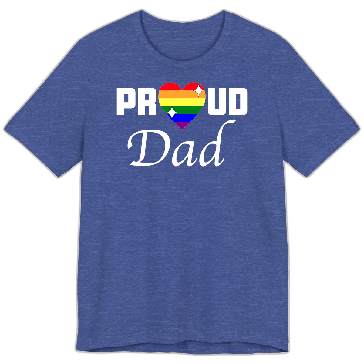 Proud Dad rainbow heart design with vibrant pride flag colors in heart shape and white text in Heather True Royal