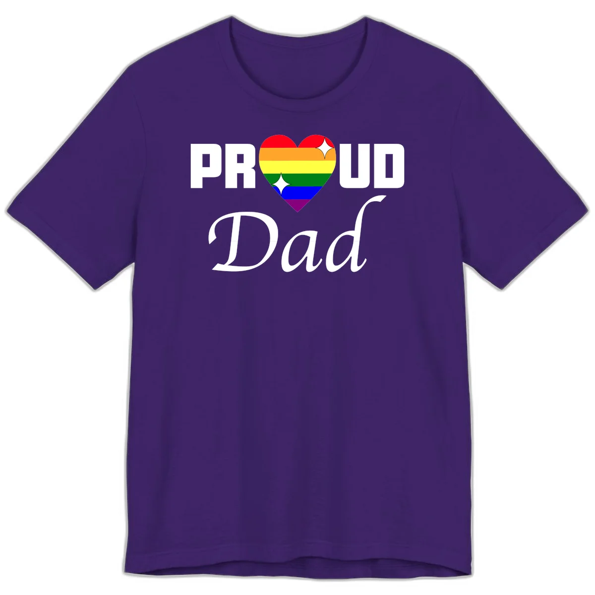 Proud Dad rainbow heart design with vibrant pride flag colors in heart shape and white text in Team Purple