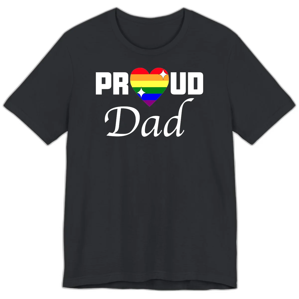 Proud Dad rainbow heart design with vibrant pride flag colors in heart shape and white text in Vintage Black
