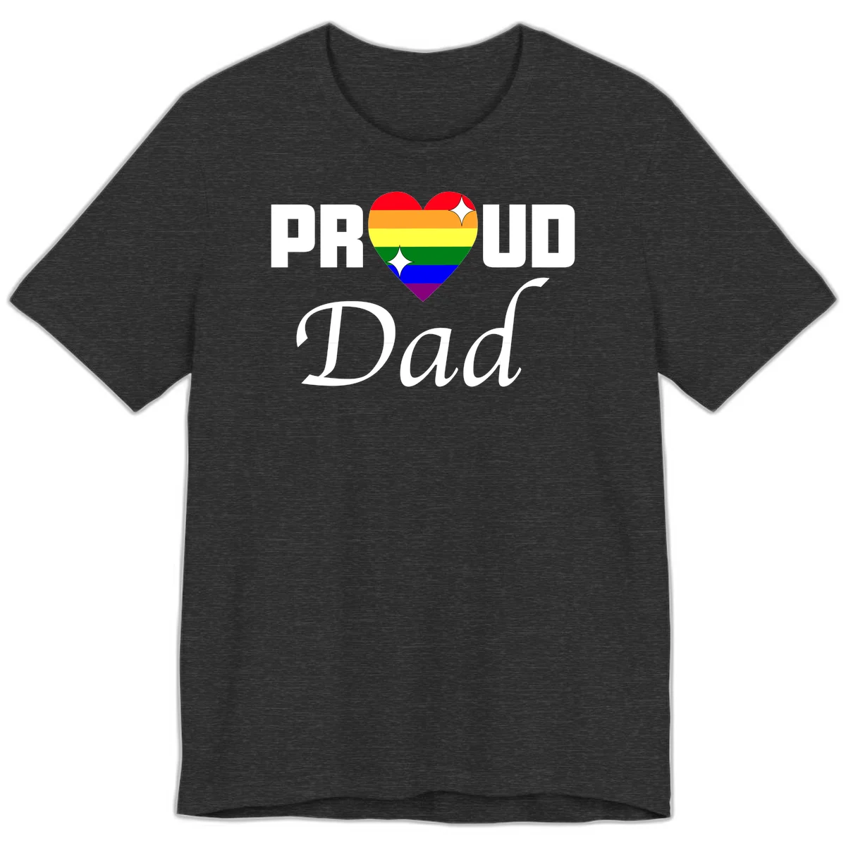 Proud Dad rainbow heart design with vibrant pride flag colors in heart shape and white text in Dark Grey Heather
