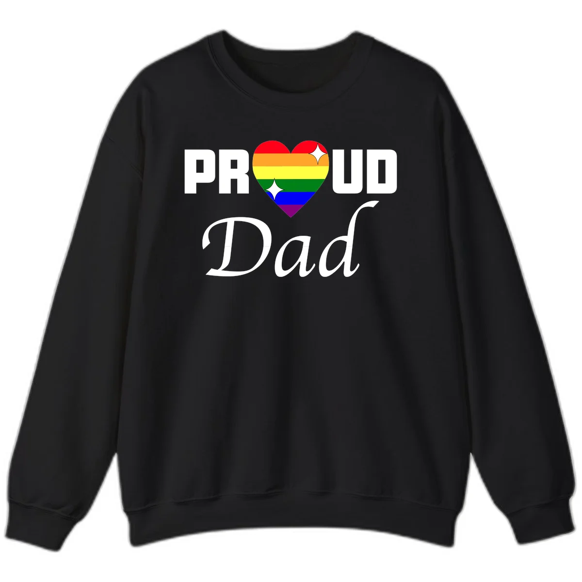Proud Dad rainbow heart design with vibrant pride flag colors in heart shape and white text in Black