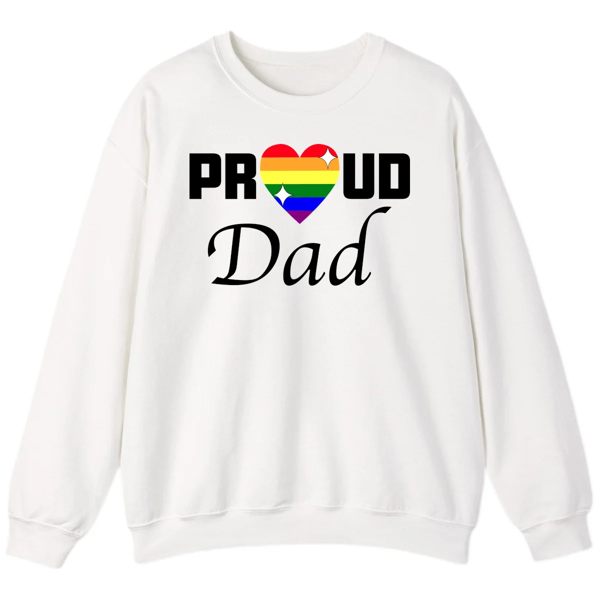Proud Dad rainbow heart design with vibrant pride flag colors in heart shape and white text in White