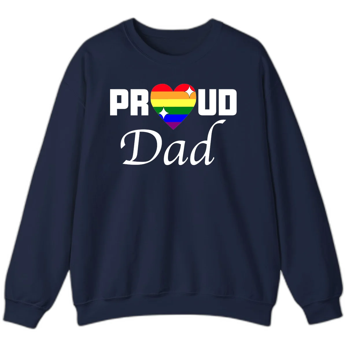 Proud Dad rainbow heart design with vibrant pride flag colors in heart shape and white text in Navy