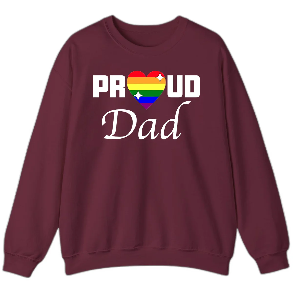 Proud Dad rainbow heart design with vibrant pride flag colors in heart shape and white text in Maroon