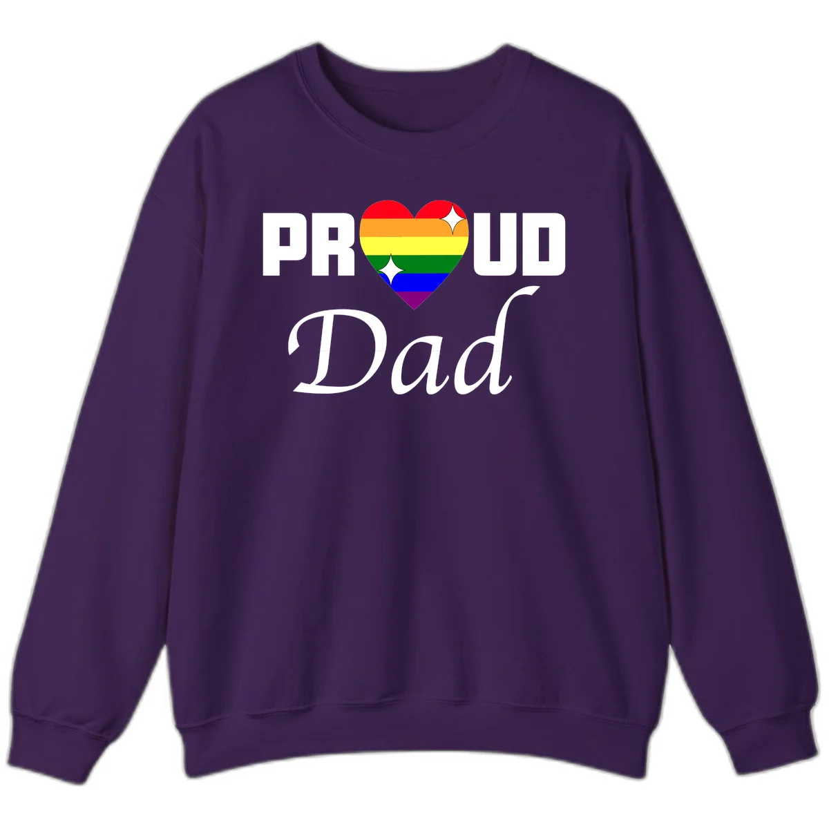 Proud Dad rainbow heart design with vibrant pride flag colors in heart shape and white text in Purple