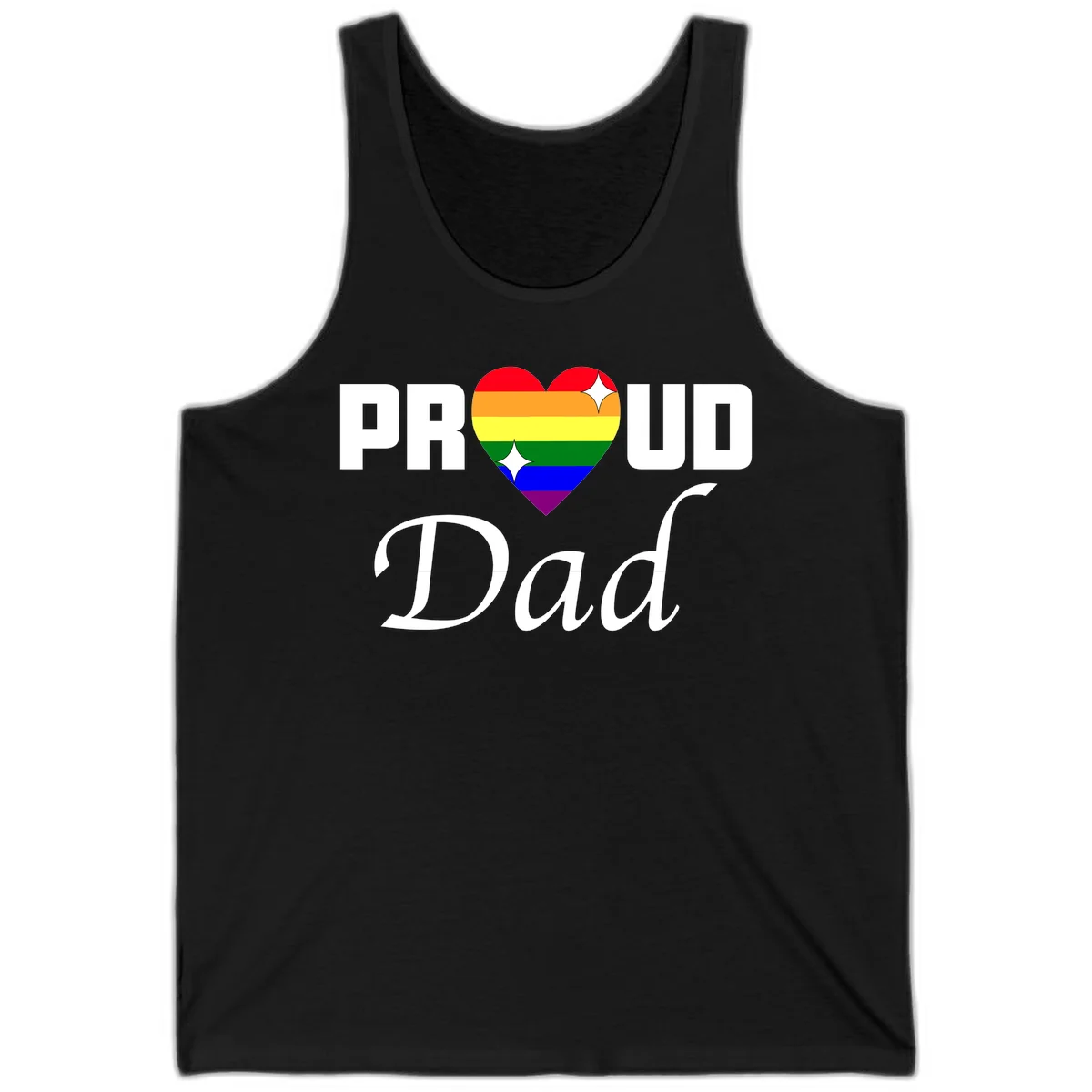 Proud Dad rainbow heart design with vibrant pride flag colors in heart shape and white text in Black