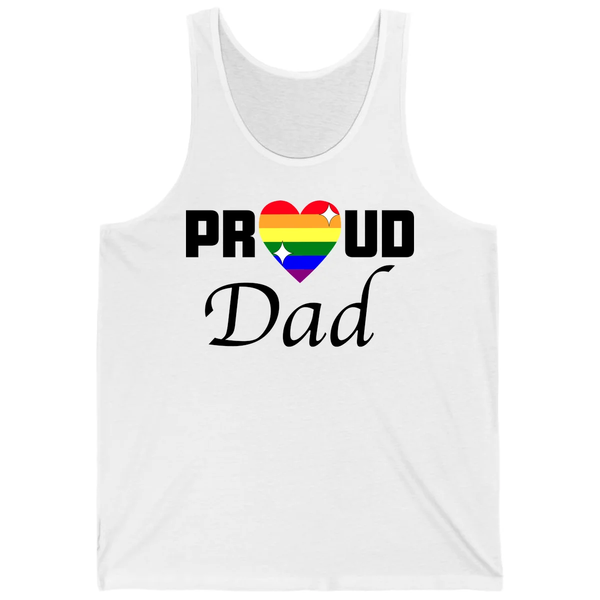 Proud Dad rainbow heart design with vibrant pride flag colors in heart shape and white text in White