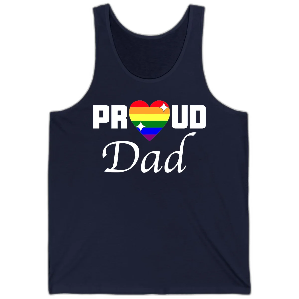 Proud Dad rainbow heart design with vibrant pride flag colors in heart shape and white text in Navy