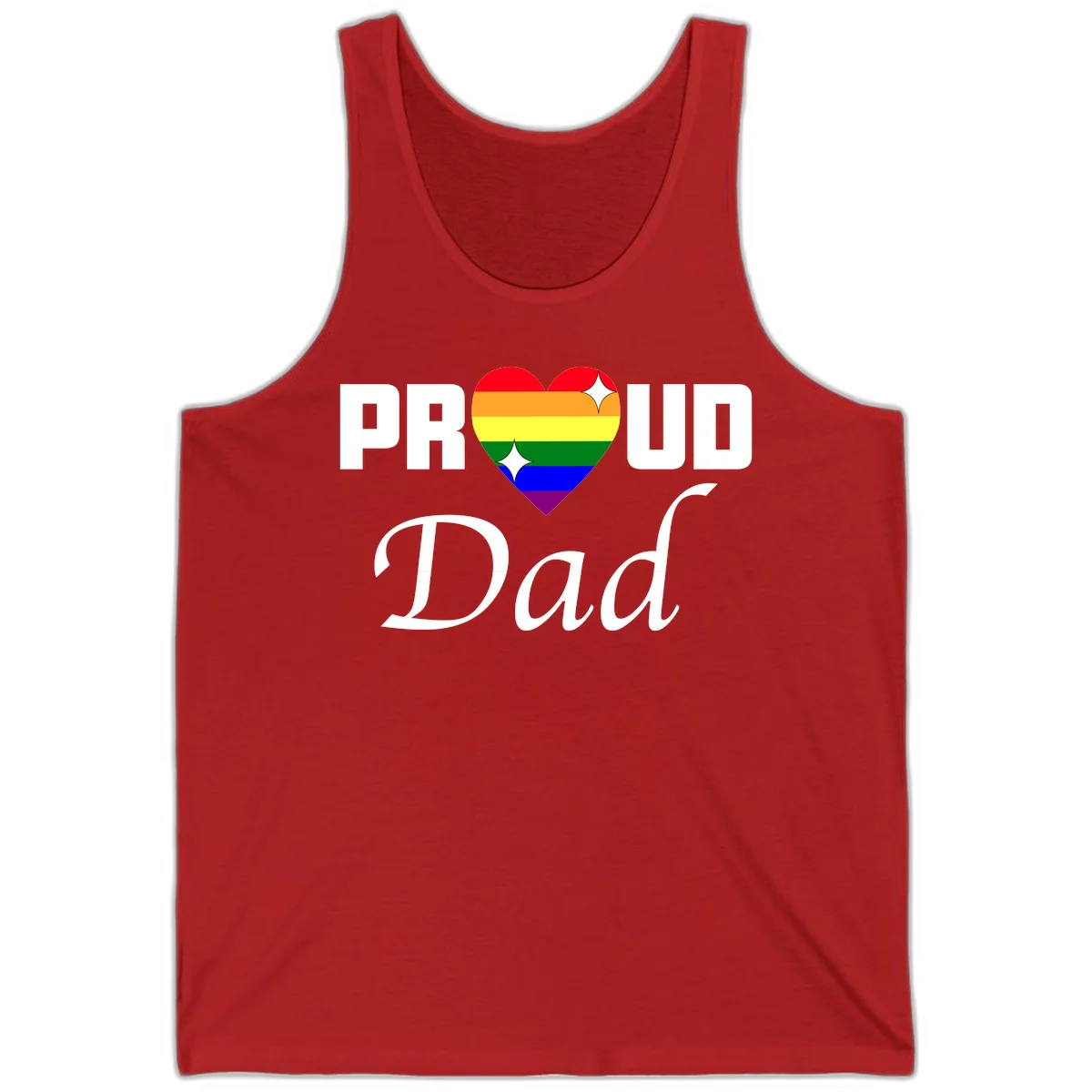 Proud Dad rainbow heart design with vibrant pride flag colors in heart shape and white text in Red