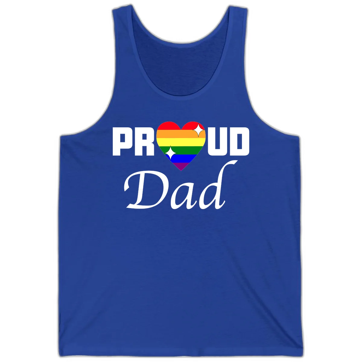 Proud Dad rainbow heart design with vibrant pride flag colors in heart shape and white text in True Royal