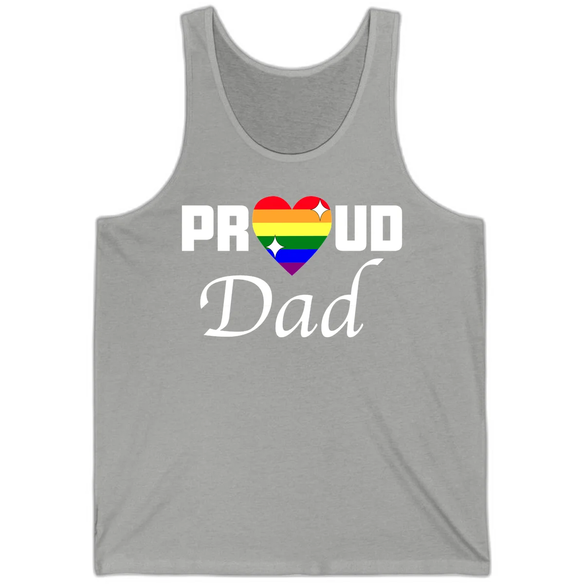 Proud Dad rainbow heart design with vibrant pride flag colors in heart shape and white text in Athletic Heather
