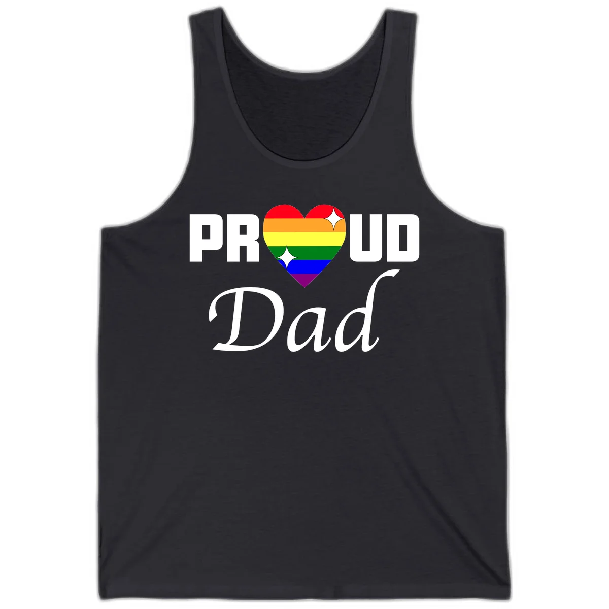 Proud Dad rainbow heart design with vibrant pride flag colors in heart shape and white text in Dark Grey