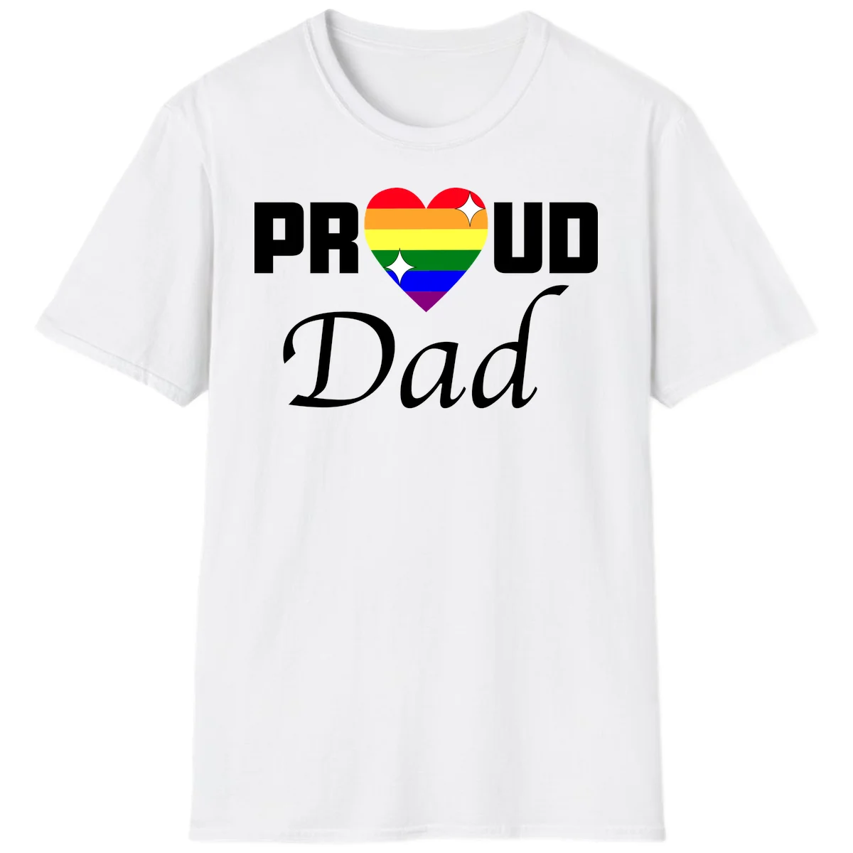 Proud Dad rainbow heart design with vibrant pride flag colors in heart shape and white text in White