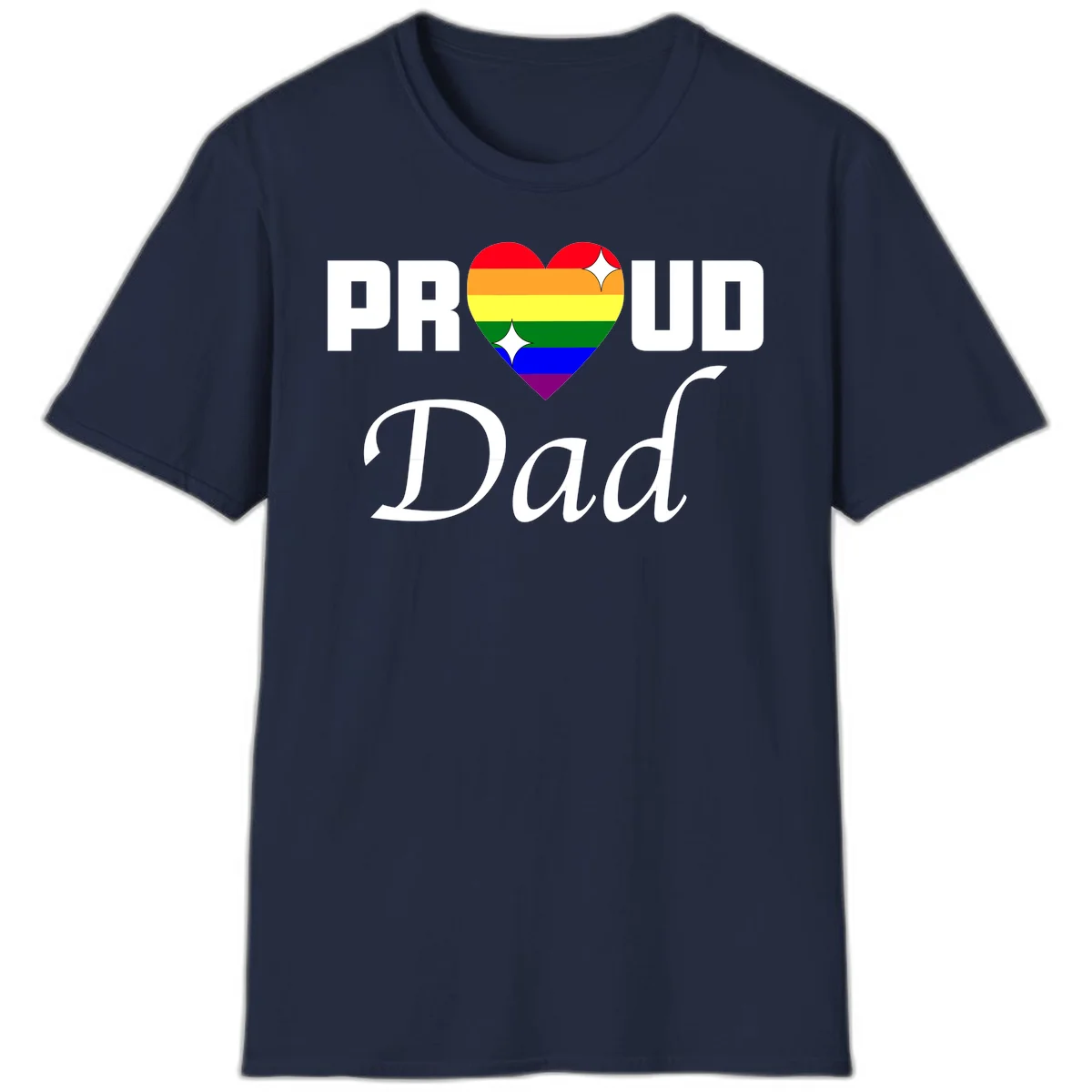 Proud Dad rainbow heart design with vibrant pride flag colors in heart shape and white text in Navy
