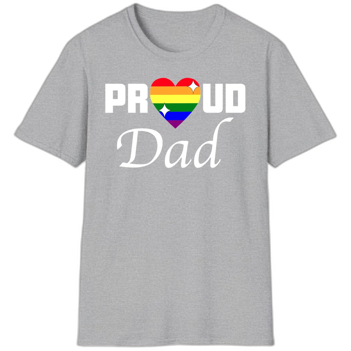 Proud Dad rainbow heart design with vibrant pride flag colors in heart shape and white text in Sport Grey