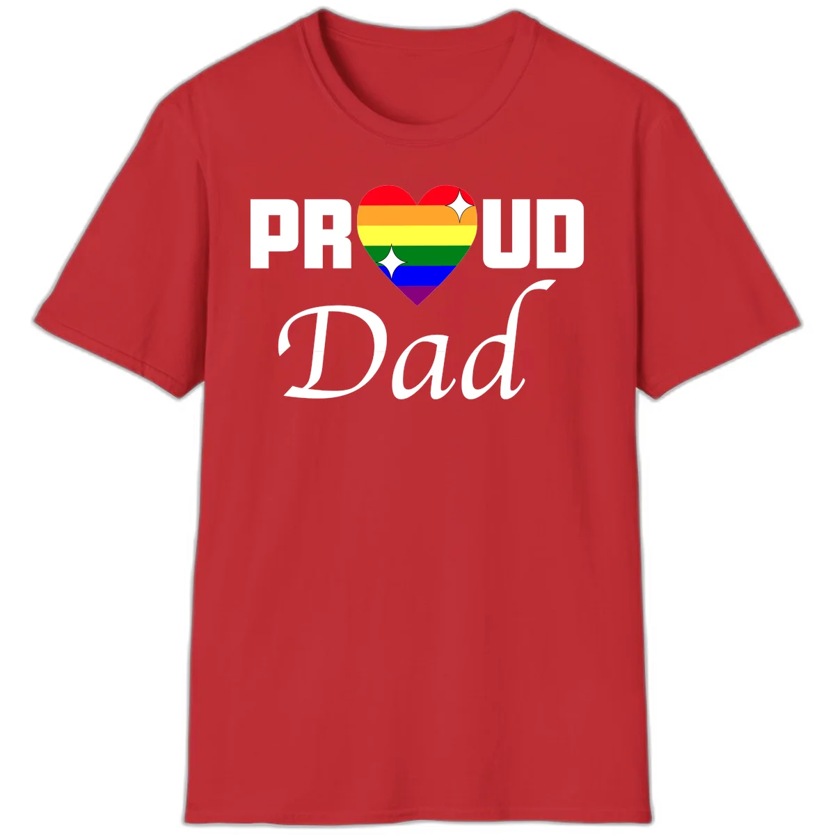 Proud Dad rainbow heart design with vibrant pride flag colors in heart shape and white text in Red