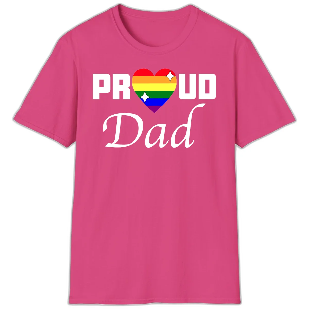 Proud Dad rainbow heart design with vibrant pride flag colors in heart shape and white text in Heliconia