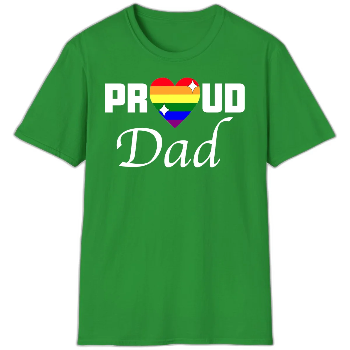 Proud Dad rainbow heart design with vibrant pride flag colors in heart shape and white text in Irish Green