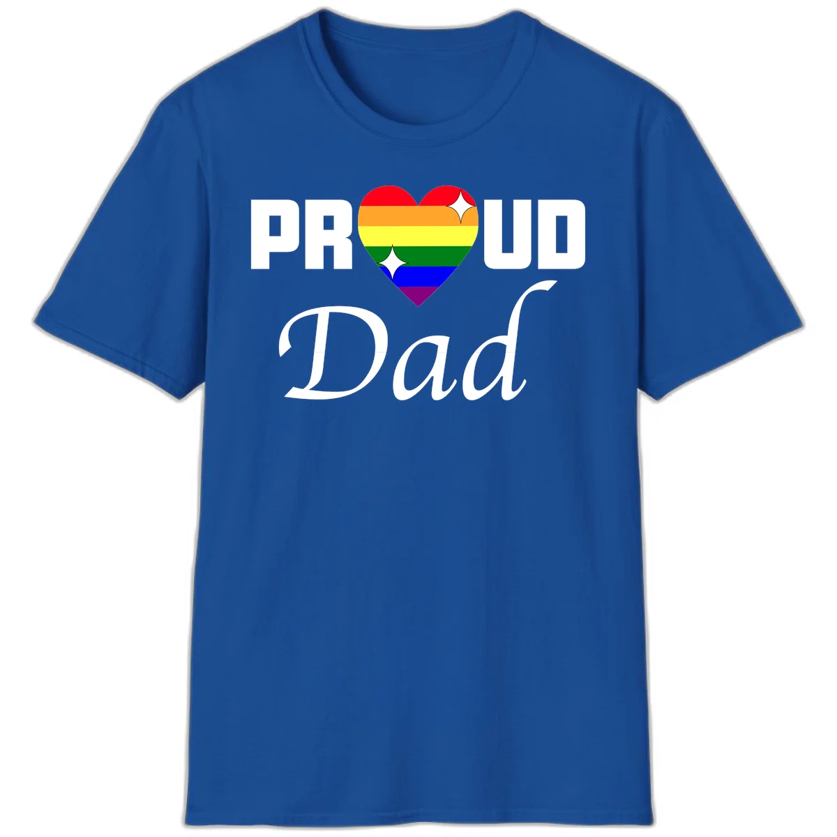 Proud Dad rainbow heart design with vibrant pride flag colors in heart shape and white text in Royal